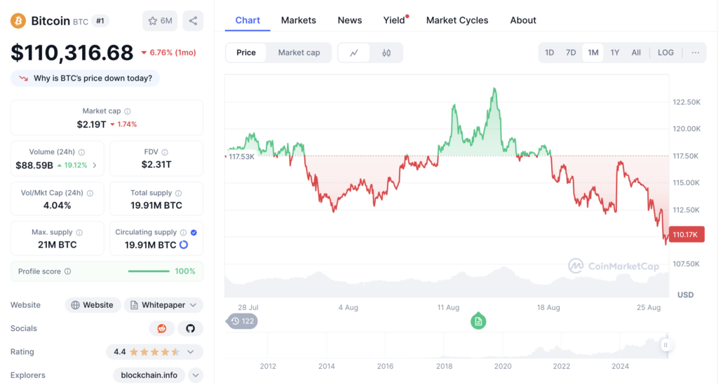 نمودار قیمت و اطلاعات بازار بیت کوین - منبع: CoinMarketCap